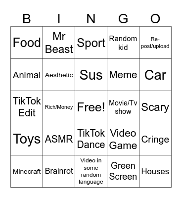 Youtube Shorts Bingo Card