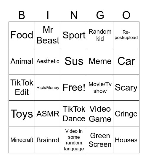 Youtube Shorts Bingo Card