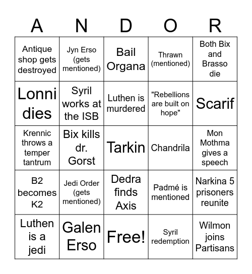 Andor Season 2 Bingo Card