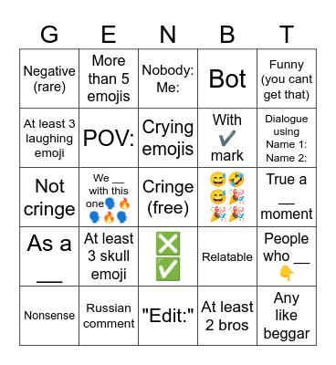 Cringe comments bingo Card