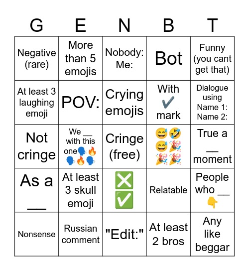 Cringe comments bingo Card
