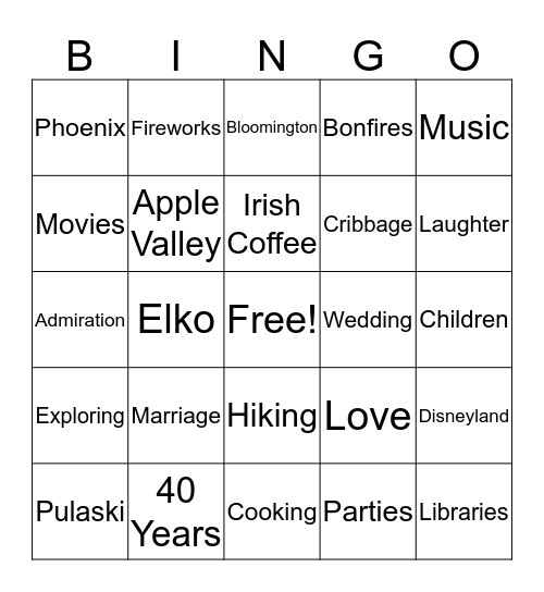 Tim and Mary's 40th Wedding Anniversary Bingo Card