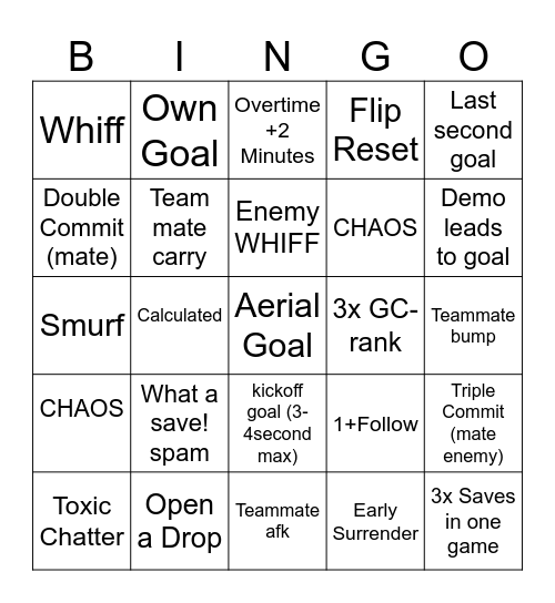 ROCKET LEAGUE Bingo Card