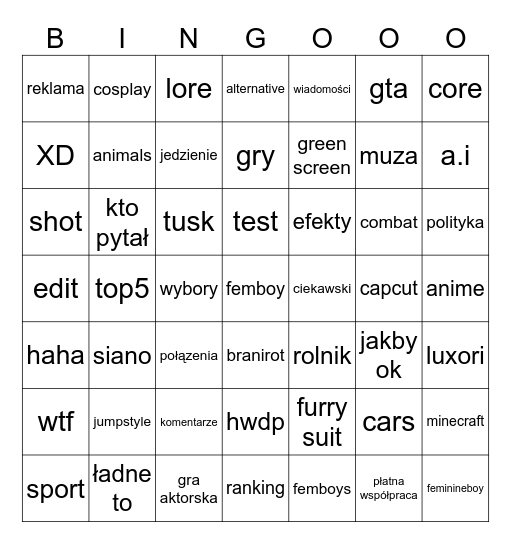 mój tiktok na telefon XD Bingo Card