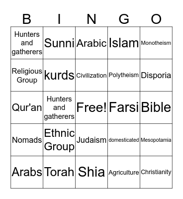 Unit One  Bingo Card