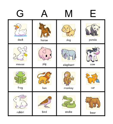 Animals Bingo Card