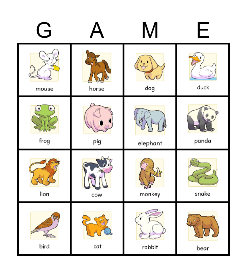 Animals Bingo Card