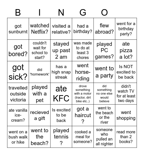What did you do over the break? Bingo Card