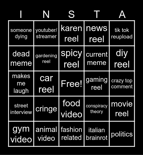 Instagram Reels Bingo Card