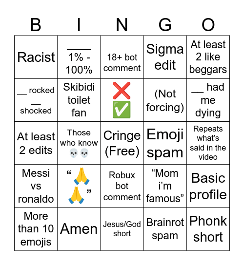 YT Shorts Bingo Card