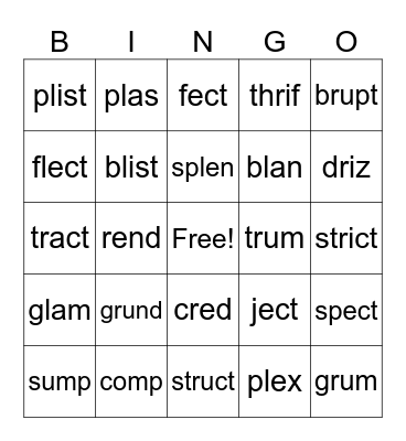 Phonics First Detached Syllables BINGO Card