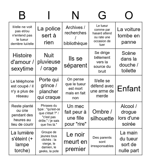Bingo des films "slasher" Bingo Card