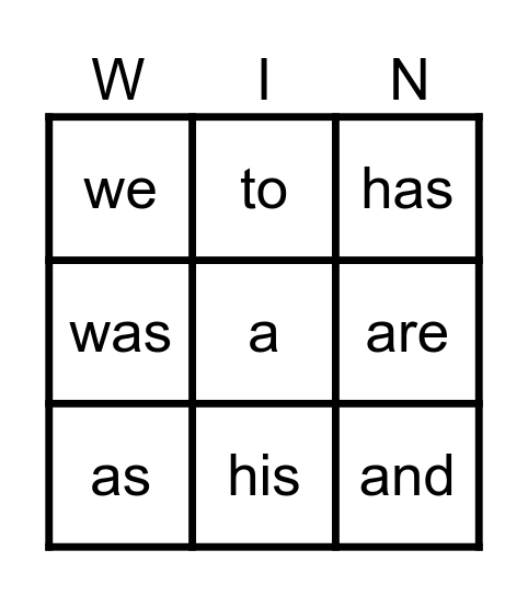 Trick Words Bingo Card