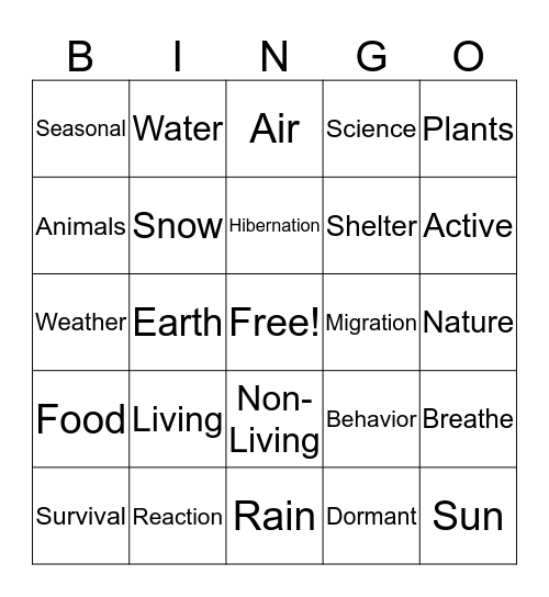 Living Things Bingo  Bingo Card