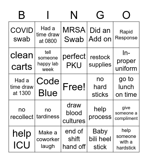 Phlebotomist Bingo Card