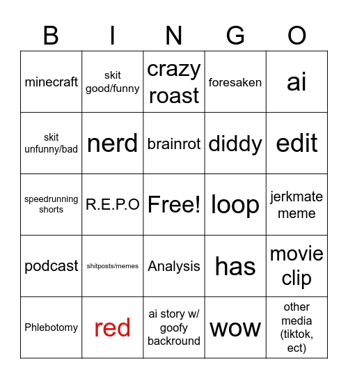 shorts Bingo Card