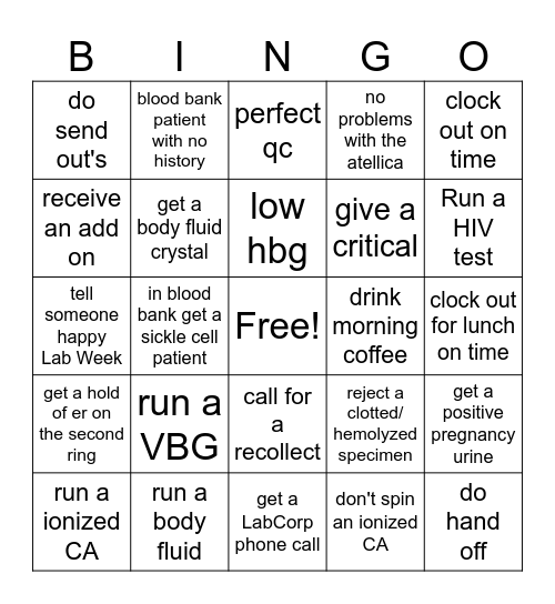 Lab Tech Bingo Card