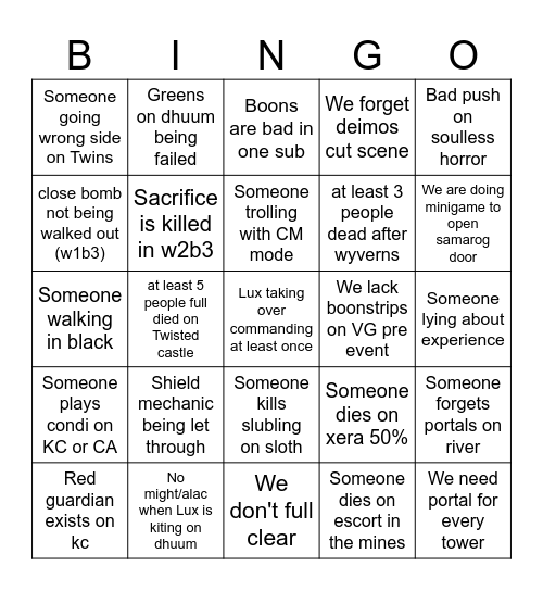 nF full clear Bingo Card