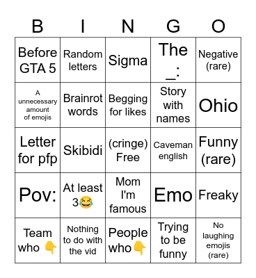 YouTube Shorts Brainrot Comments Bingo Card