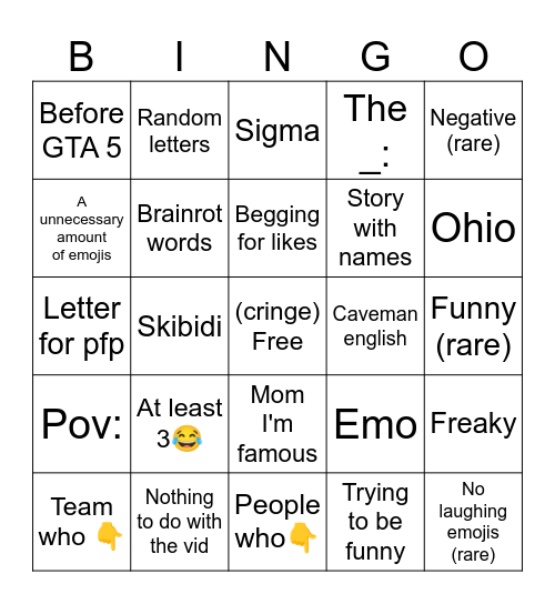 YouTube Shorts Brainrot Comments Bingo Card