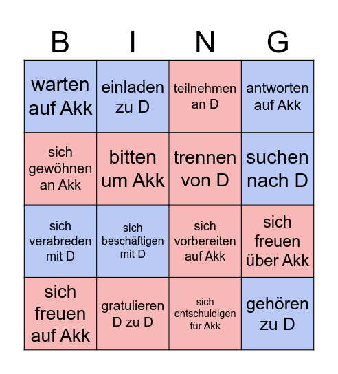 Verben mit Präpositionen Bingo Card