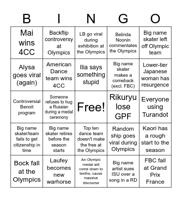 Olympic Season Bingo Card