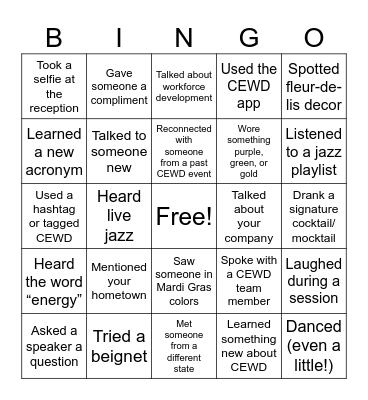 The CEWD Forum Bingo Card
