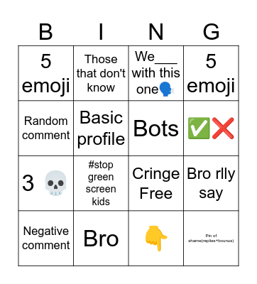 YouTube short comment Bingo Card