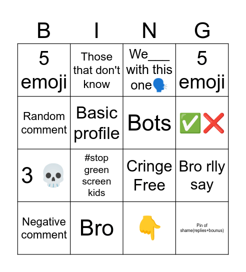 YouTube short comment Bingo Card