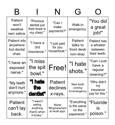Dental Office Bingo Card
