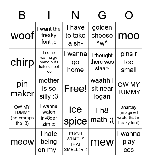 my thoughts in 1st period Bingo Card