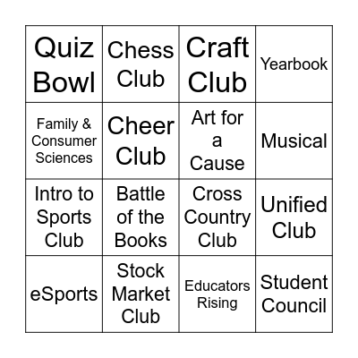 BMS Activities Bingo Card