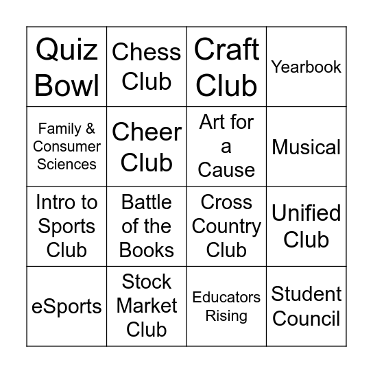 BMS Activities Bingo Card
