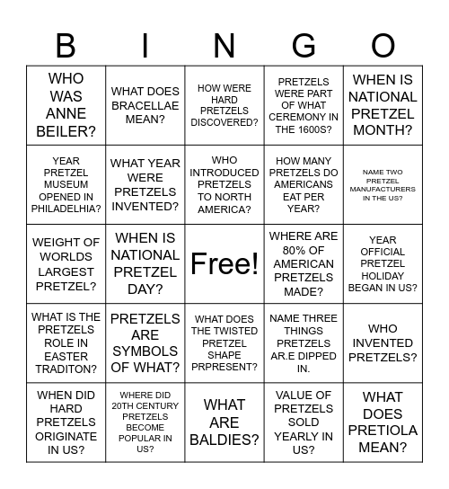 PRETZEL Bingo Card