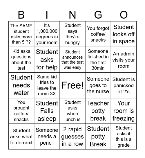 Exam Proctoring Bingo Card
