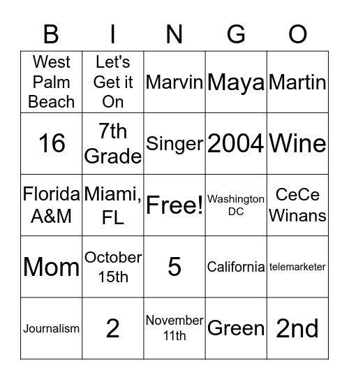 Suzie's 2016 Birthday Bingo Card