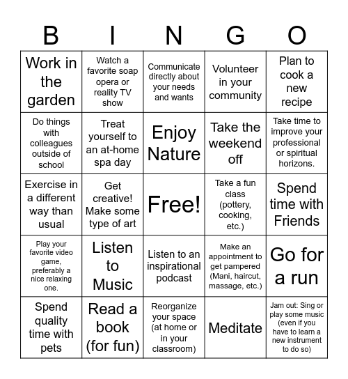 Stress Relief Bingo Card
