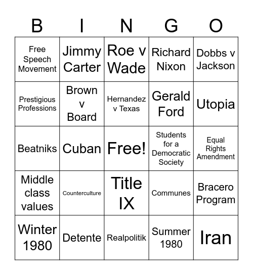 Ch.20+21 Test Review Bingo Card