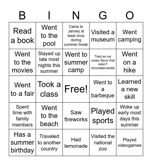 Back 2 School Bingo Card