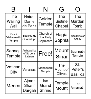 Holy Places of the World Bingo Card