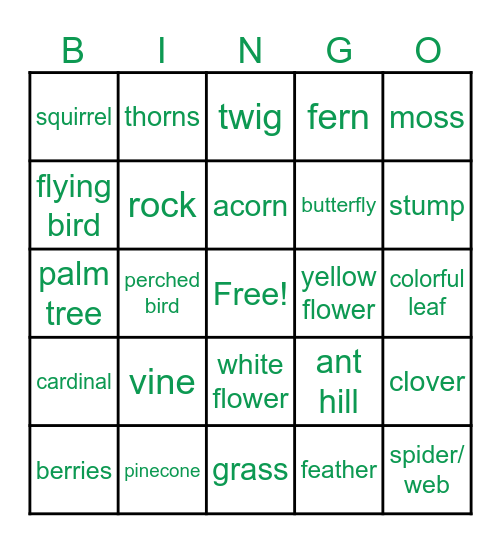 Nature Bingo Card