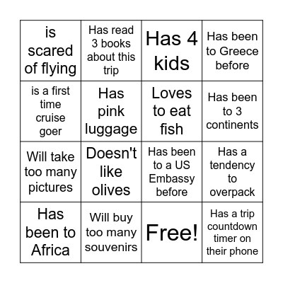 Get to know you game Bingo Card