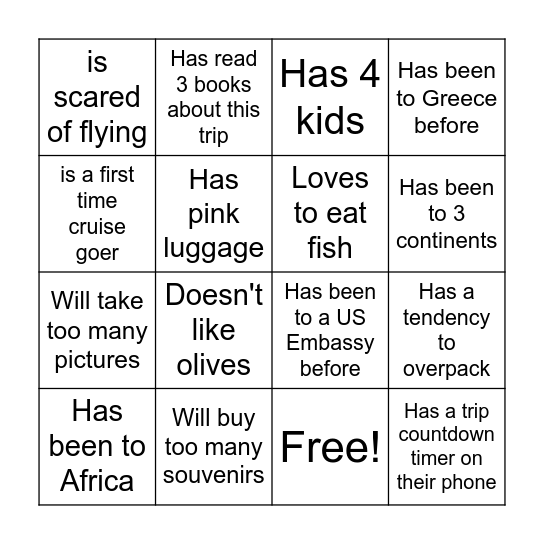 Get to know you game Bingo Card