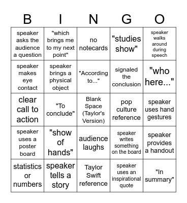 Public Speaking Bingo Card