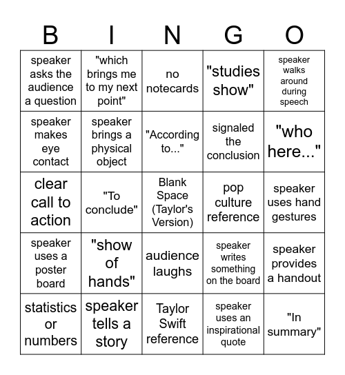 Public Speaking Bingo Card