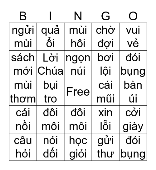 vn4 bài học 1 - 2: OI, ÔI, ƠI, UI, ƯI Bingo Card