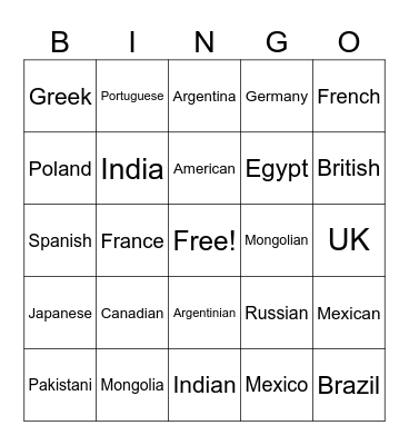 Countries and Nationalities Bingo Card