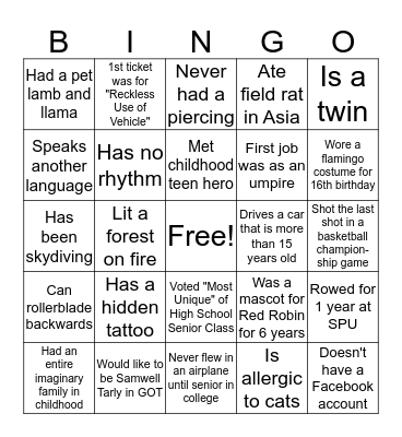 Westside Story Fall 2016 Bingo Card