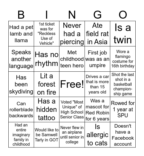 Westside Story Fall 2016 Bingo Card