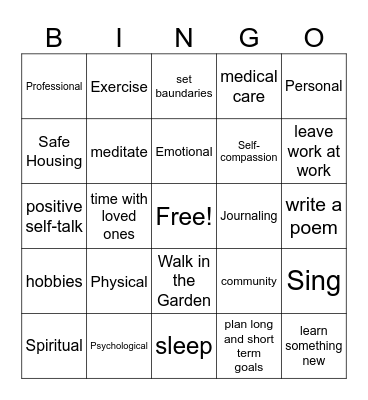 Self-Care Wheel Bingo Card